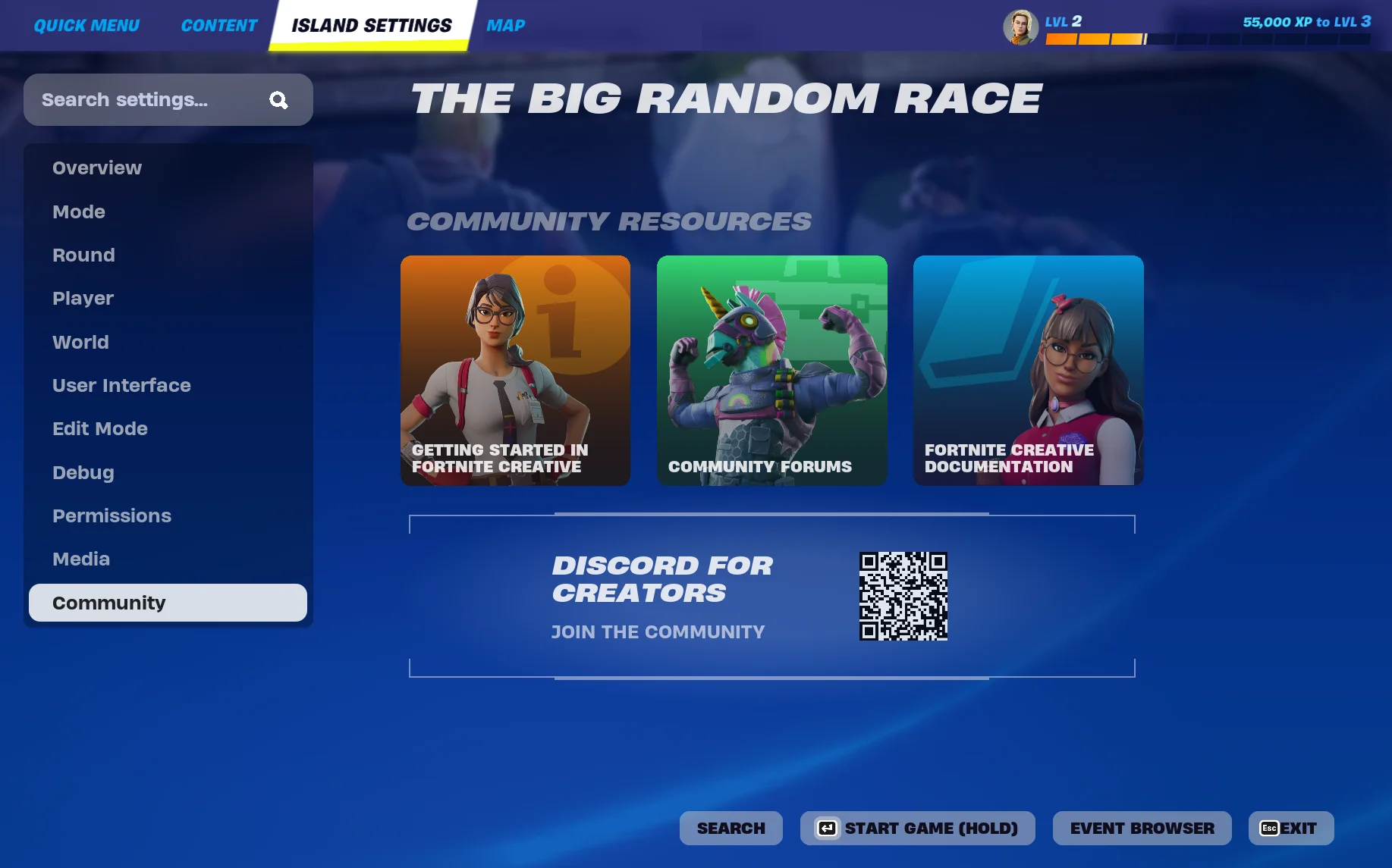Community category on Island Settings.