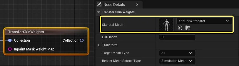 Add a TransferSkinWeights node and set the Skeletal Mesh