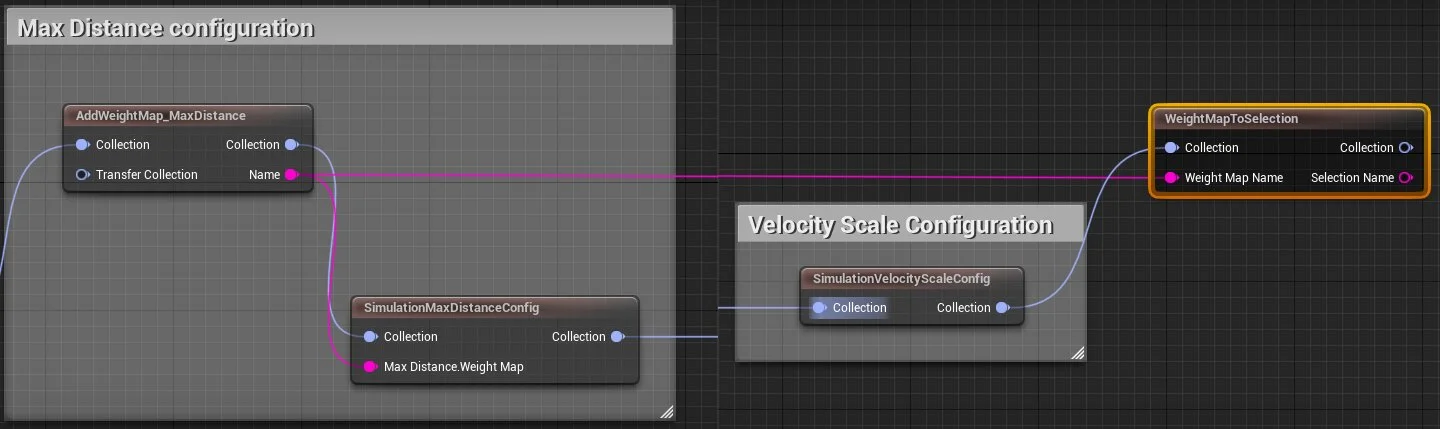 Add a WeightMapToSelection node and connect it to the AddWeightMap_MaxDistance node