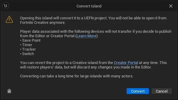 The warning popup inside UEFN