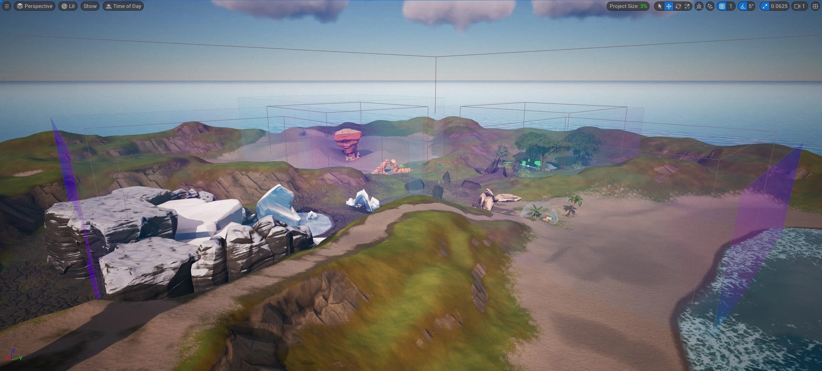 A view of all the Post Process Volumes on the island.
