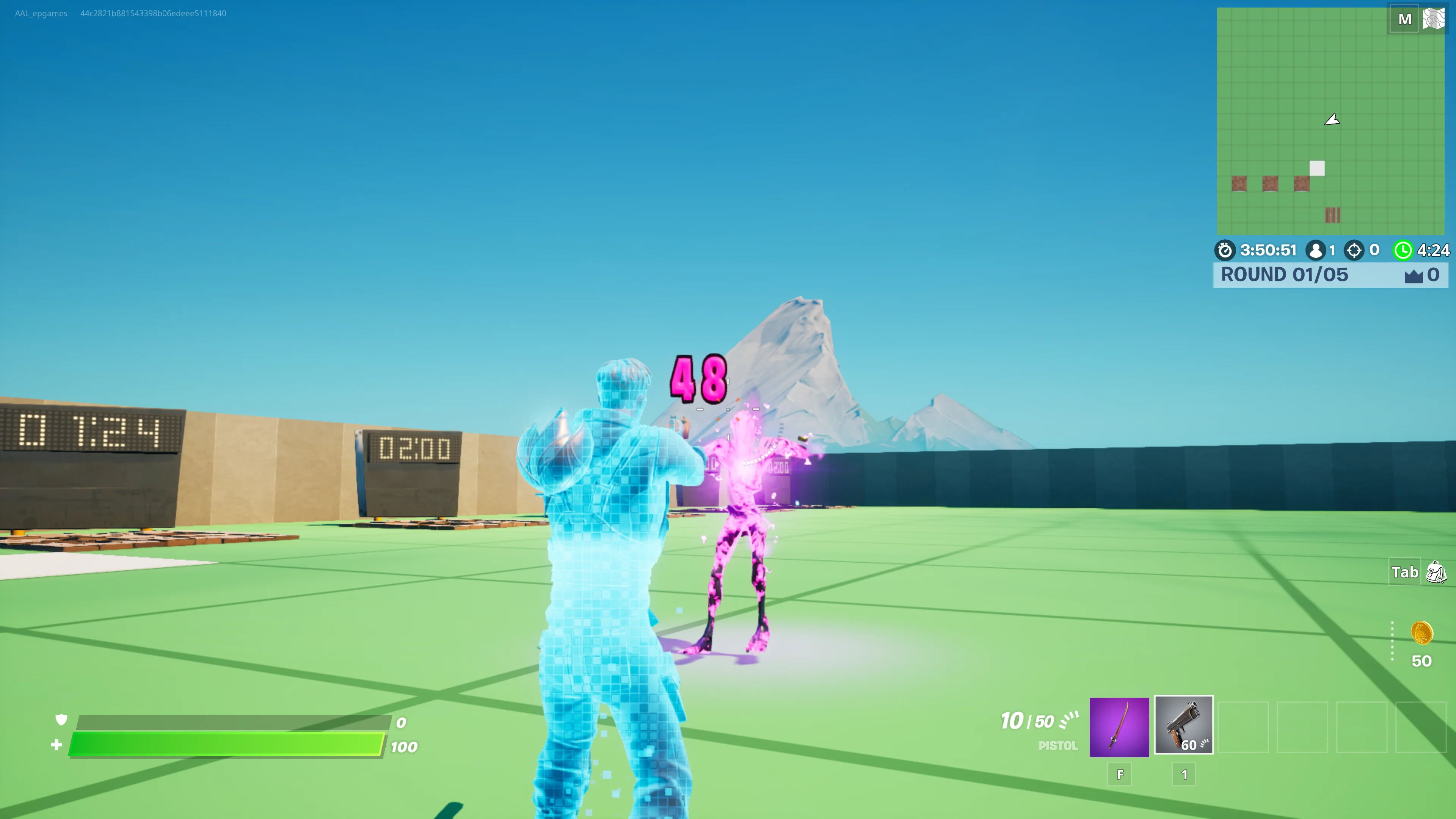 The player attacks a Fiend in front of a series of Timer traps on the island, dealing 48 damage and destroying the monster. One of the Timers is counting down, and this Timer's digital display currently reads "1 minute and 24 seconds".