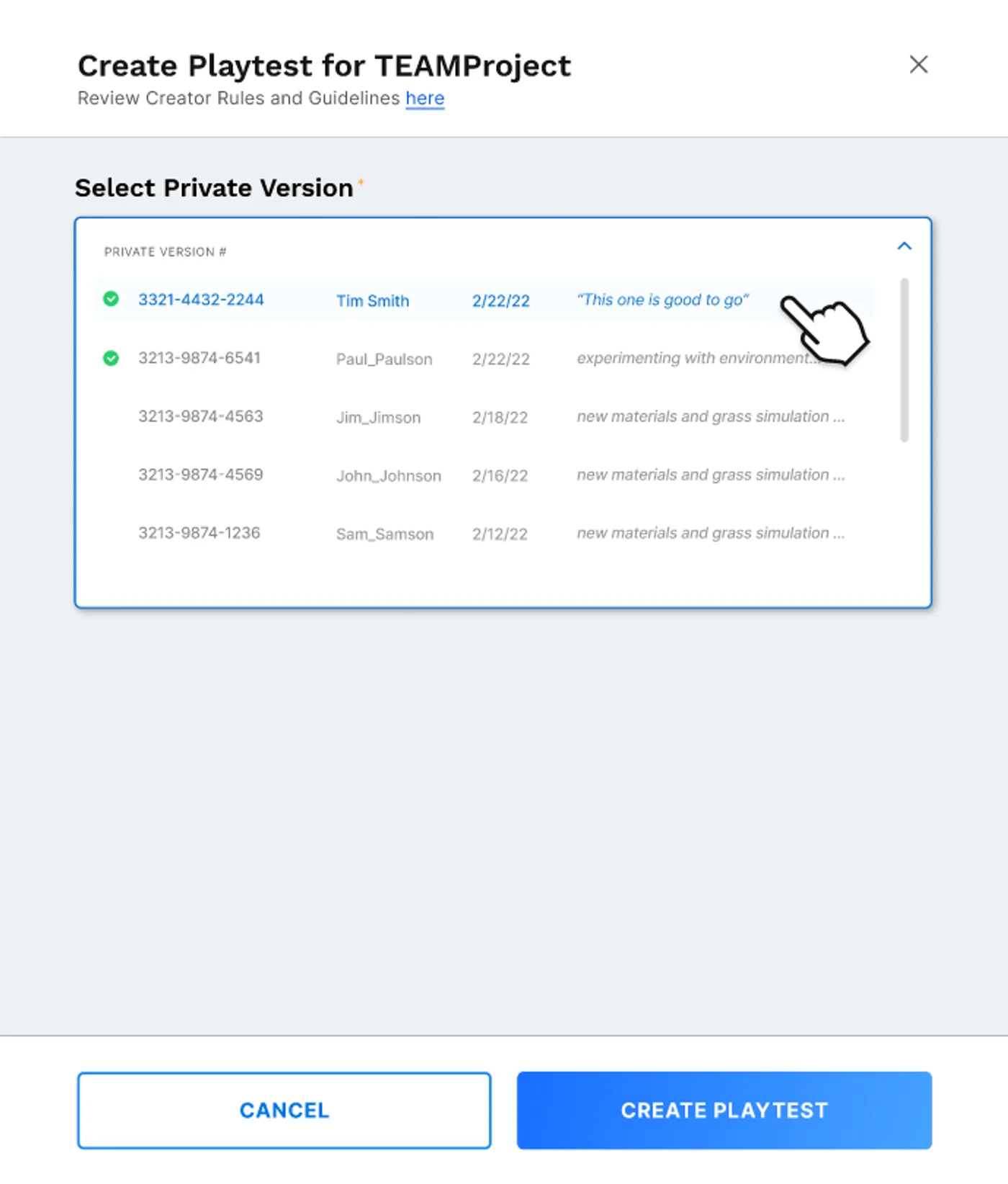 Click Create Playtest