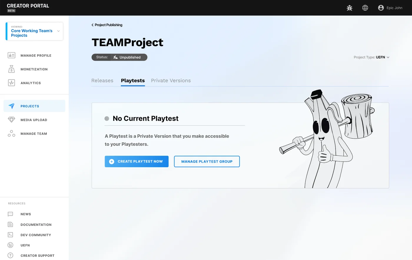 Playtests tab