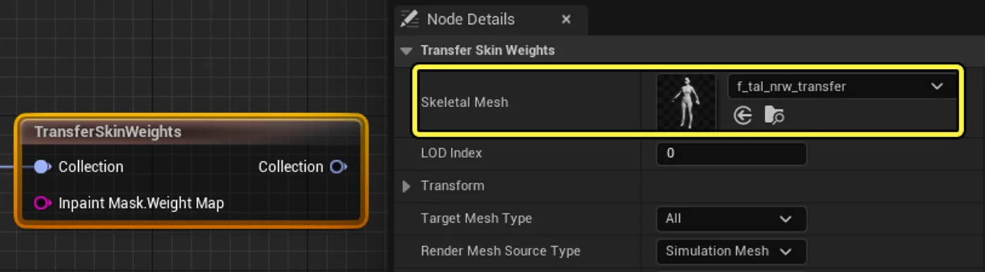 Add a TransferSkinWeights node and set the Skeletal Mesh