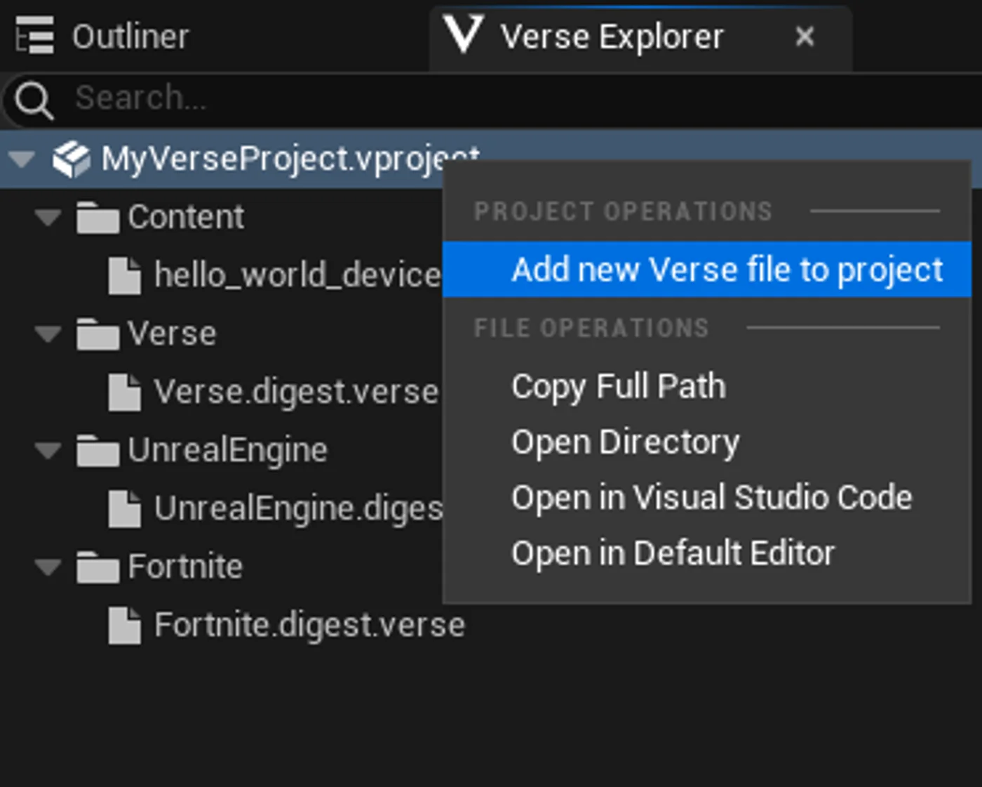 Create New File in Verse Explorer