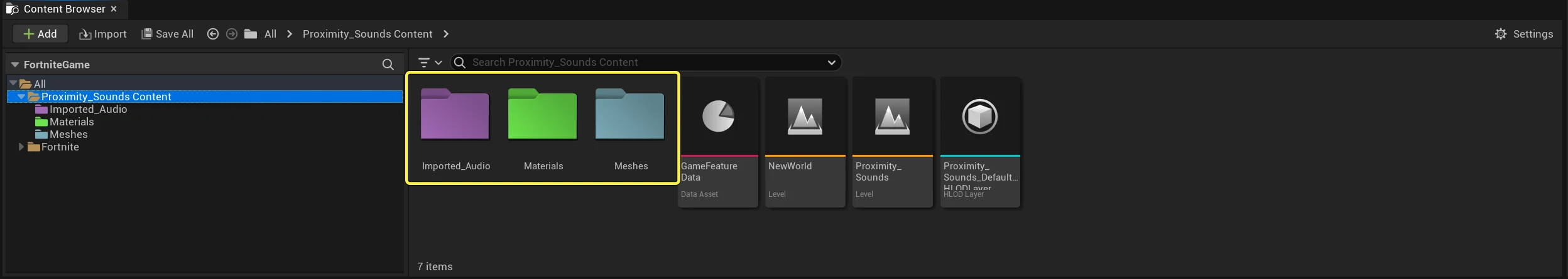 Create folders in the Content Browser.