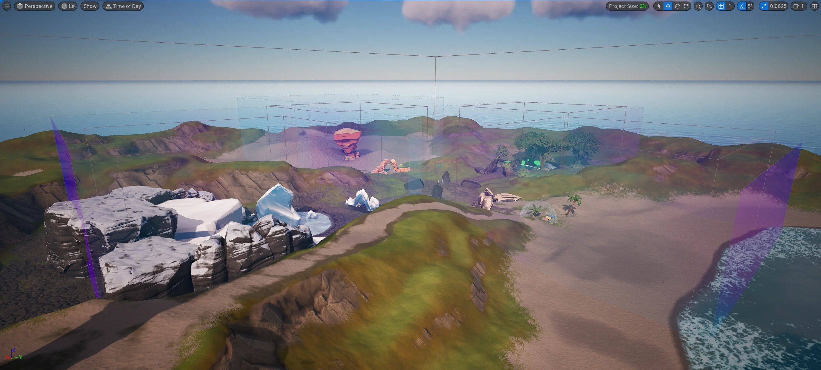 A view of all the Post Process Volumes on the island.