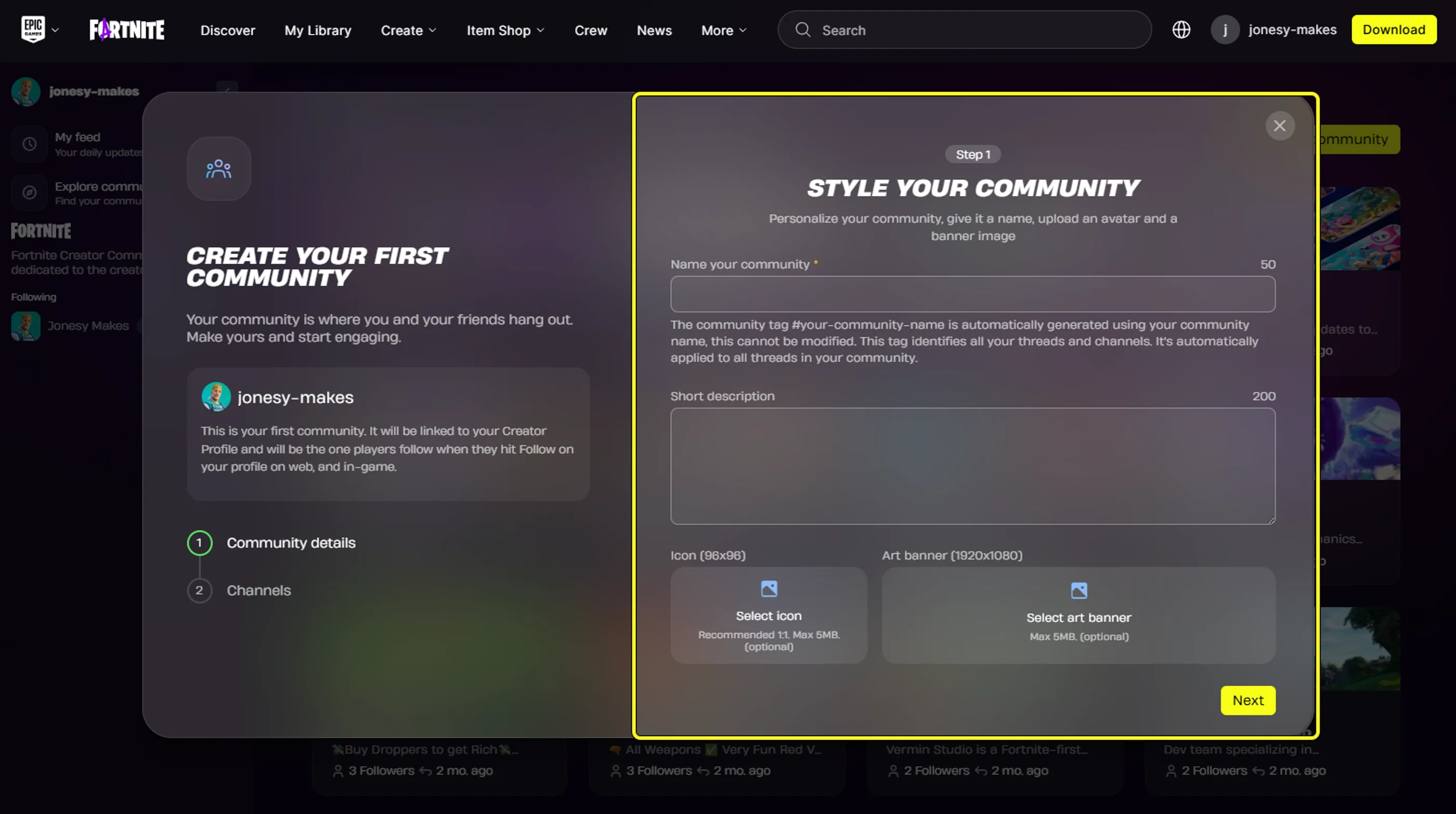 The Create community wizard