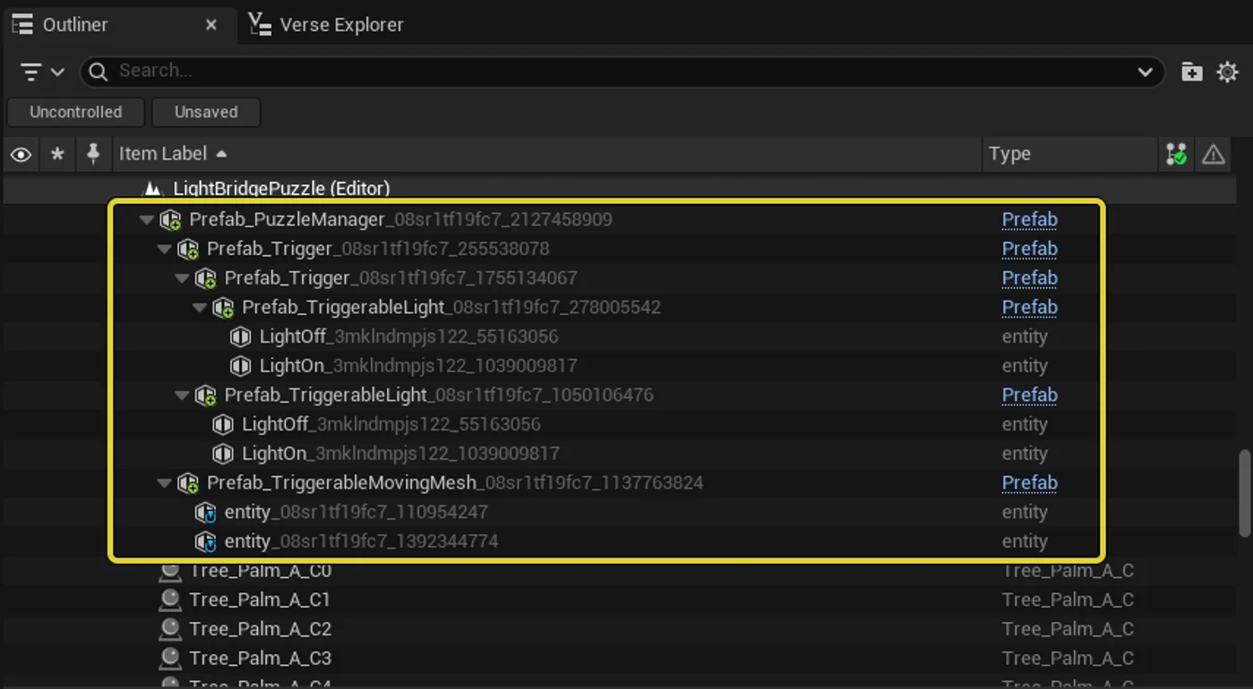 The list of prefabs in the Outliner that make up the puzzle and puzzle functionality.