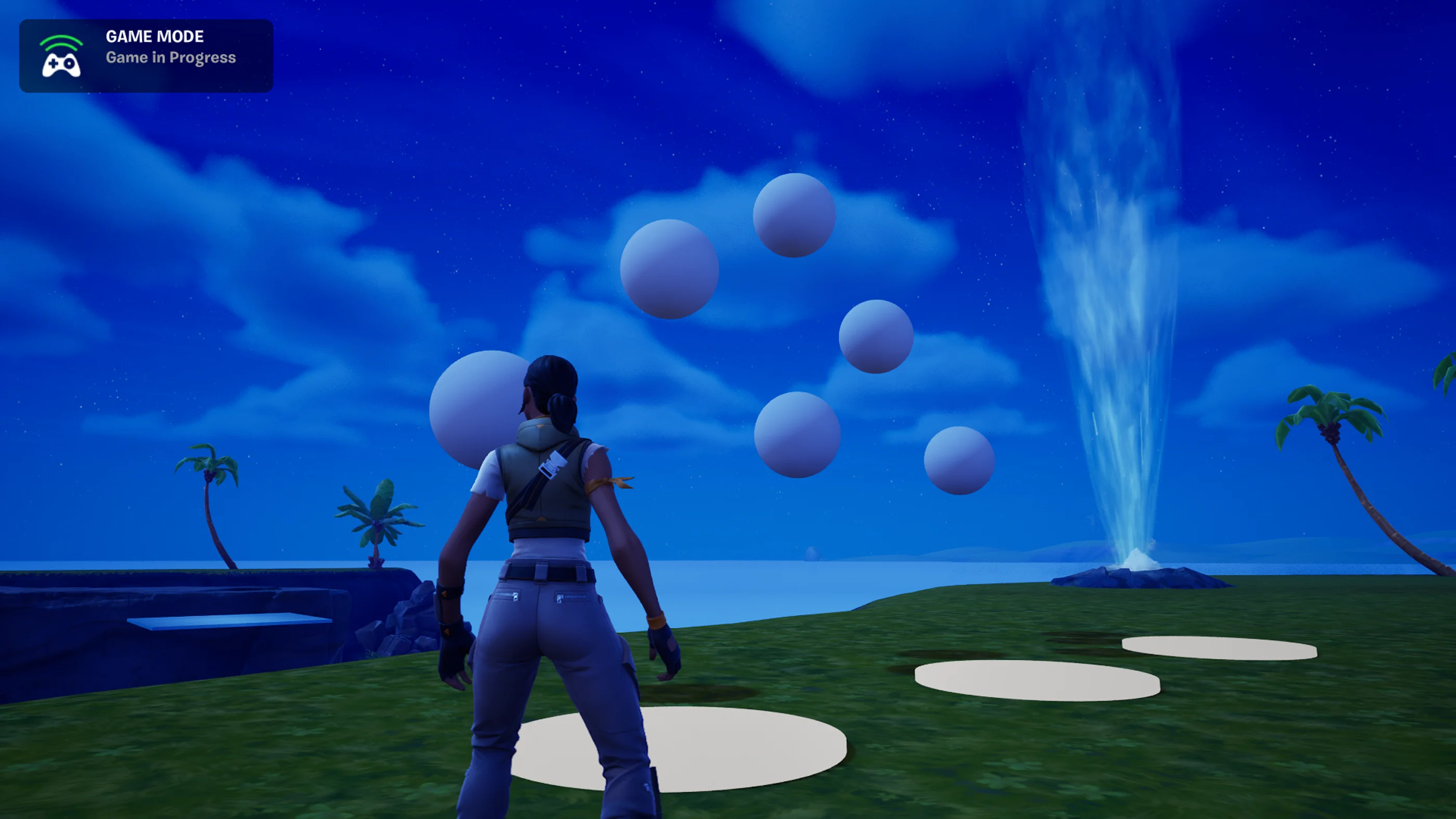 The pedestals on the ground trigger the lights in the sky.