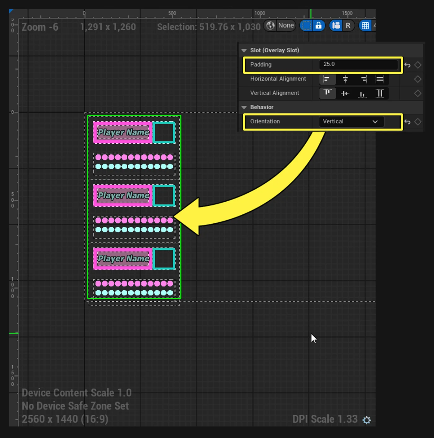 The Stack Box is a container that arranges the single player widget copies in a linear way, either left-to-right or top-to-bottom.