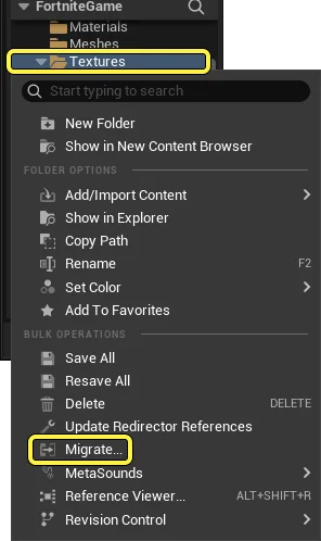 Right-click on the asset you wish to export, then select Migrate...
