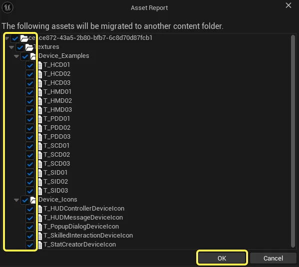 Checkmark all the assets you wish to migrate into your own project.
