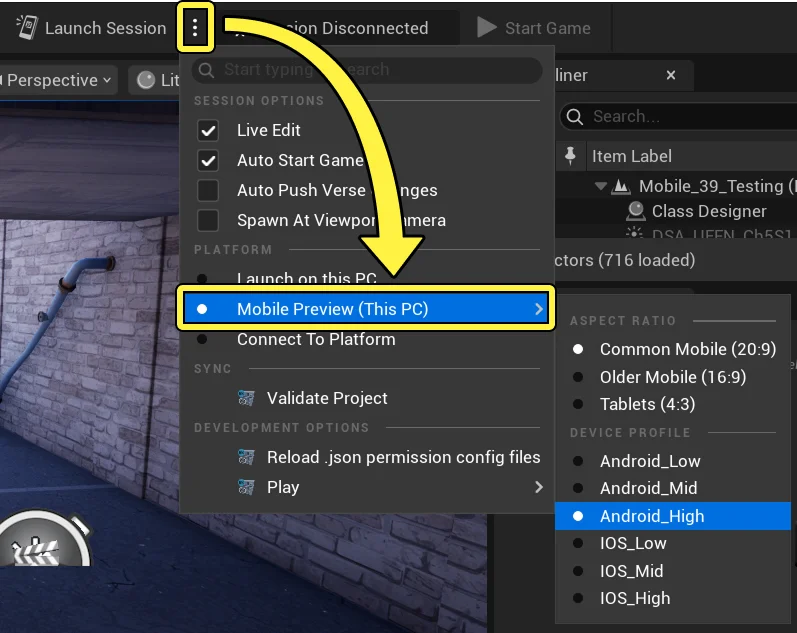 Choosing a mobile preview in UEFN.
