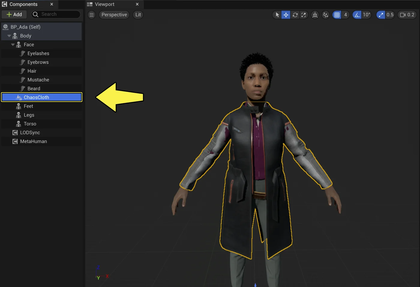 Open your MetaHuman Blueprint and select the ChaosCloth component