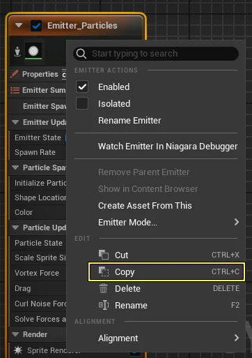 On the emitter graph, right-click and select Copy from the context menu.