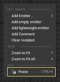 Click next to the first emitter stack in the empty graph area and right-click to open the context menu and select Paste.