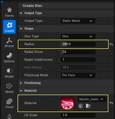 In the Create Disc tools, set the option Radius to 125 and Material to Mystic_Swirl_Mat_Inst.