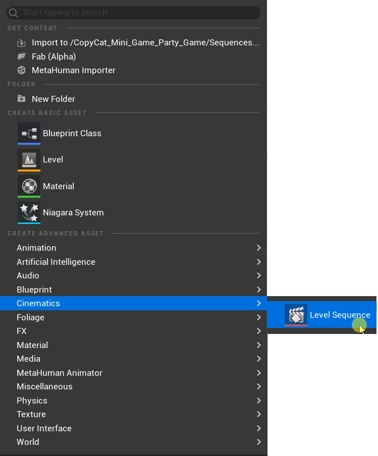 Right-click in the Content Browser and select Cinematic > Level Sequence.