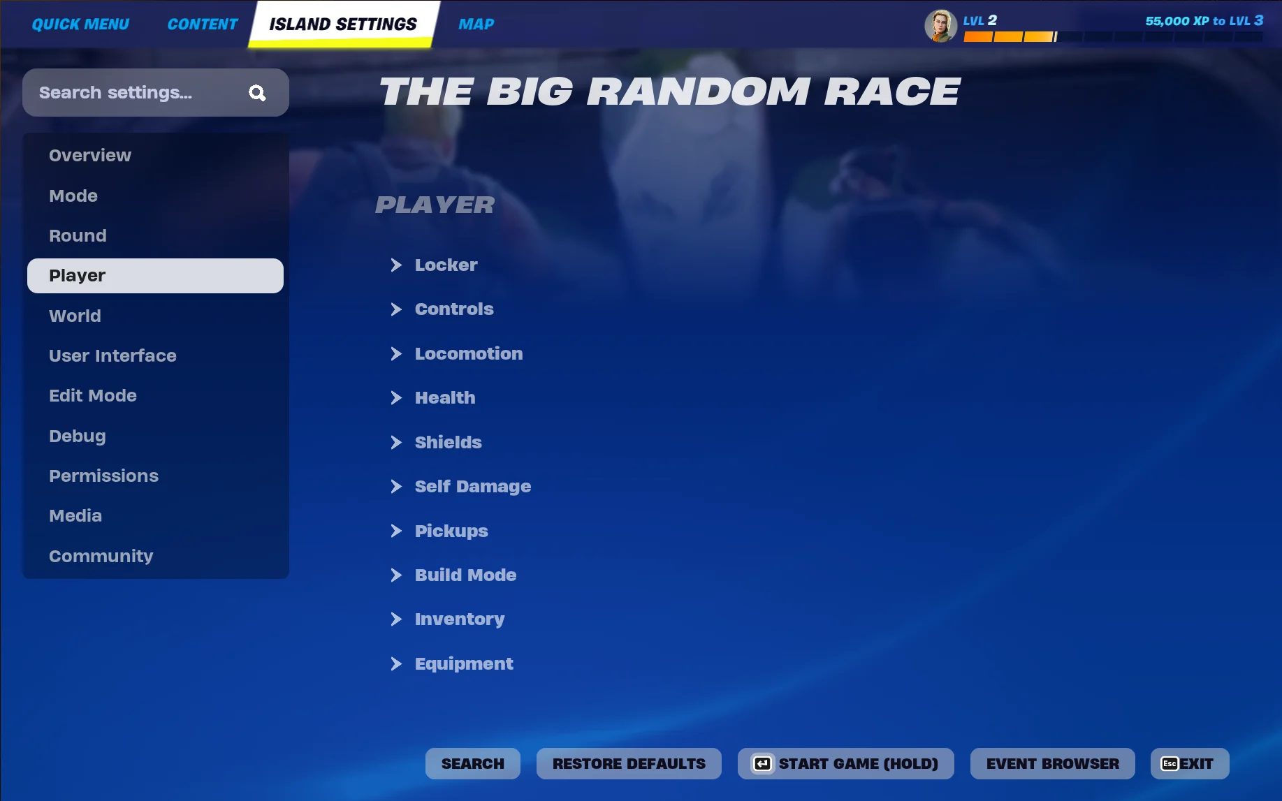 The Player category has a slew of subcategories.