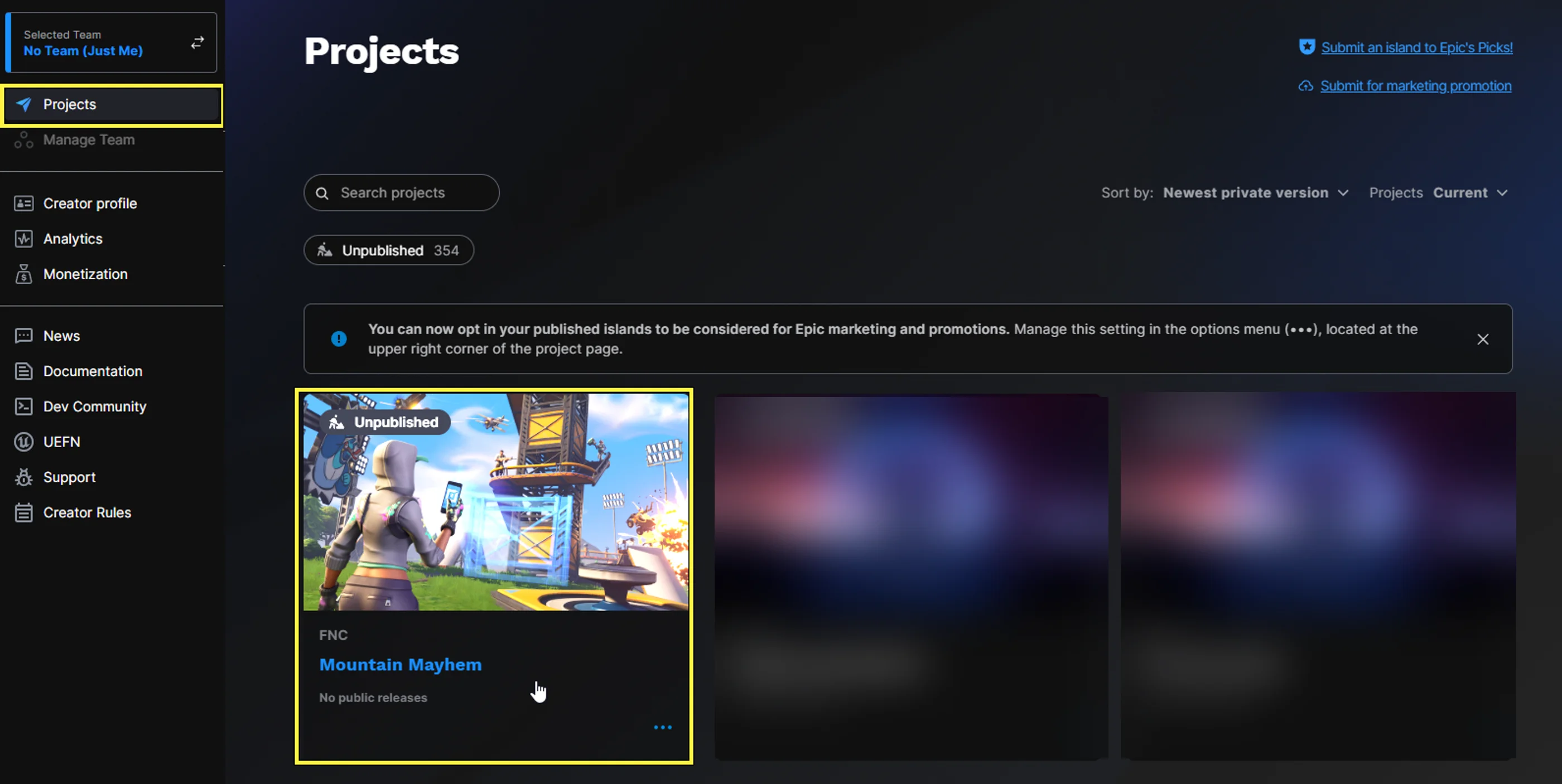 Open the Projects page in Creator Portal to select a project.