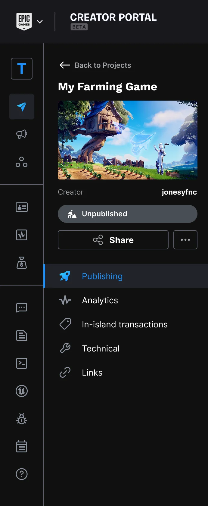 The Project Navigation menu displayed for the selected project.