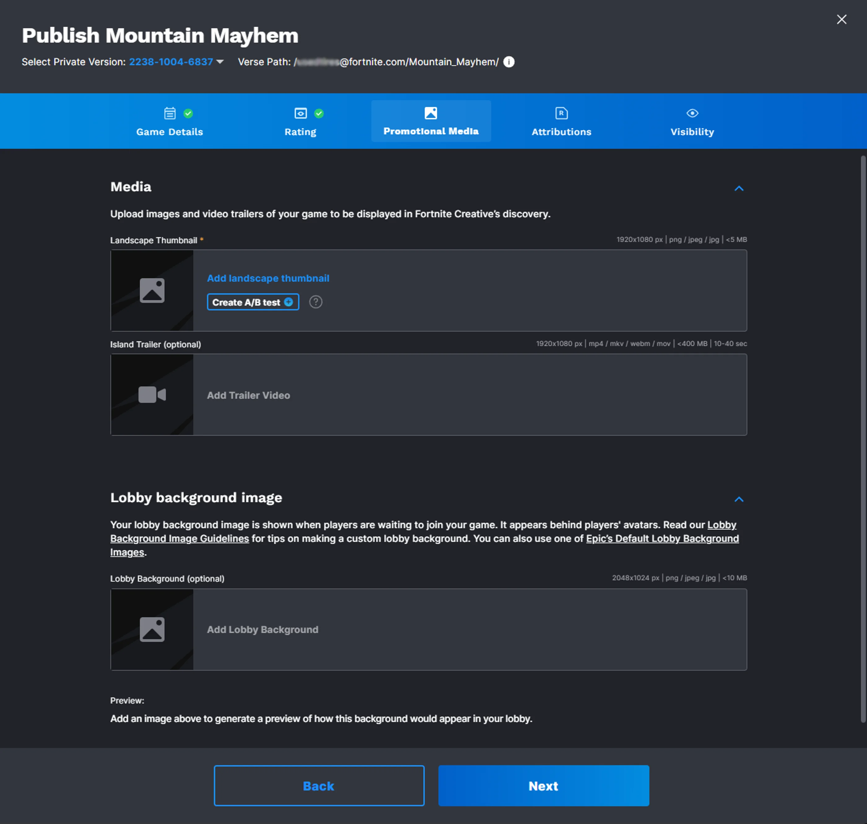An example of the Promotional Media tab in the publishing workflow.