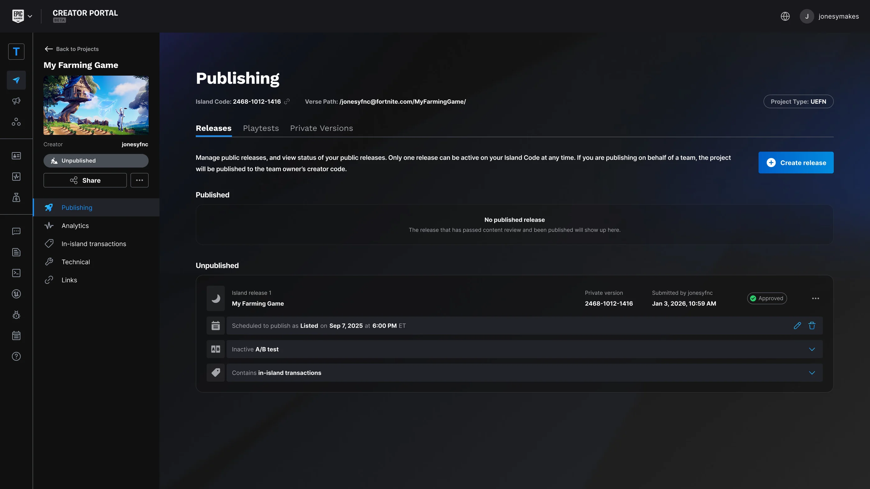 Selecting a project opens that project's Publishing page.