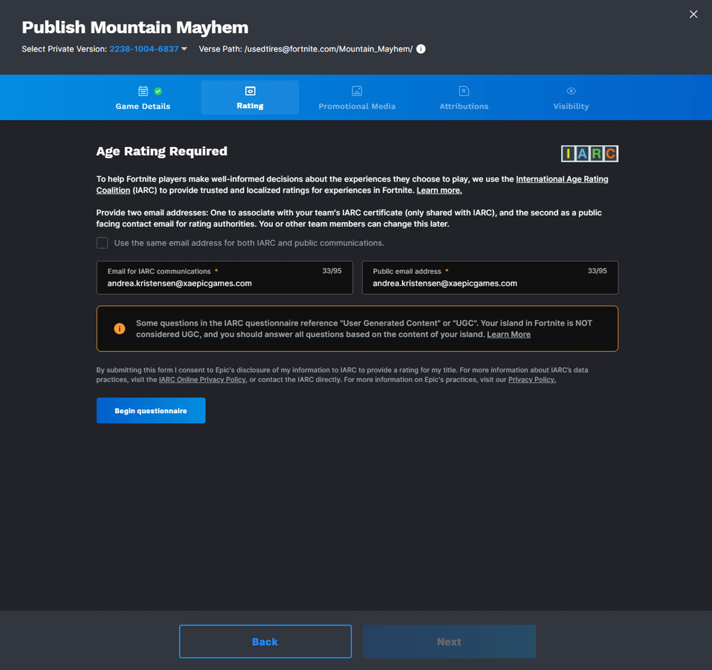 An example of the Rating tab portion of the publishing workflow.