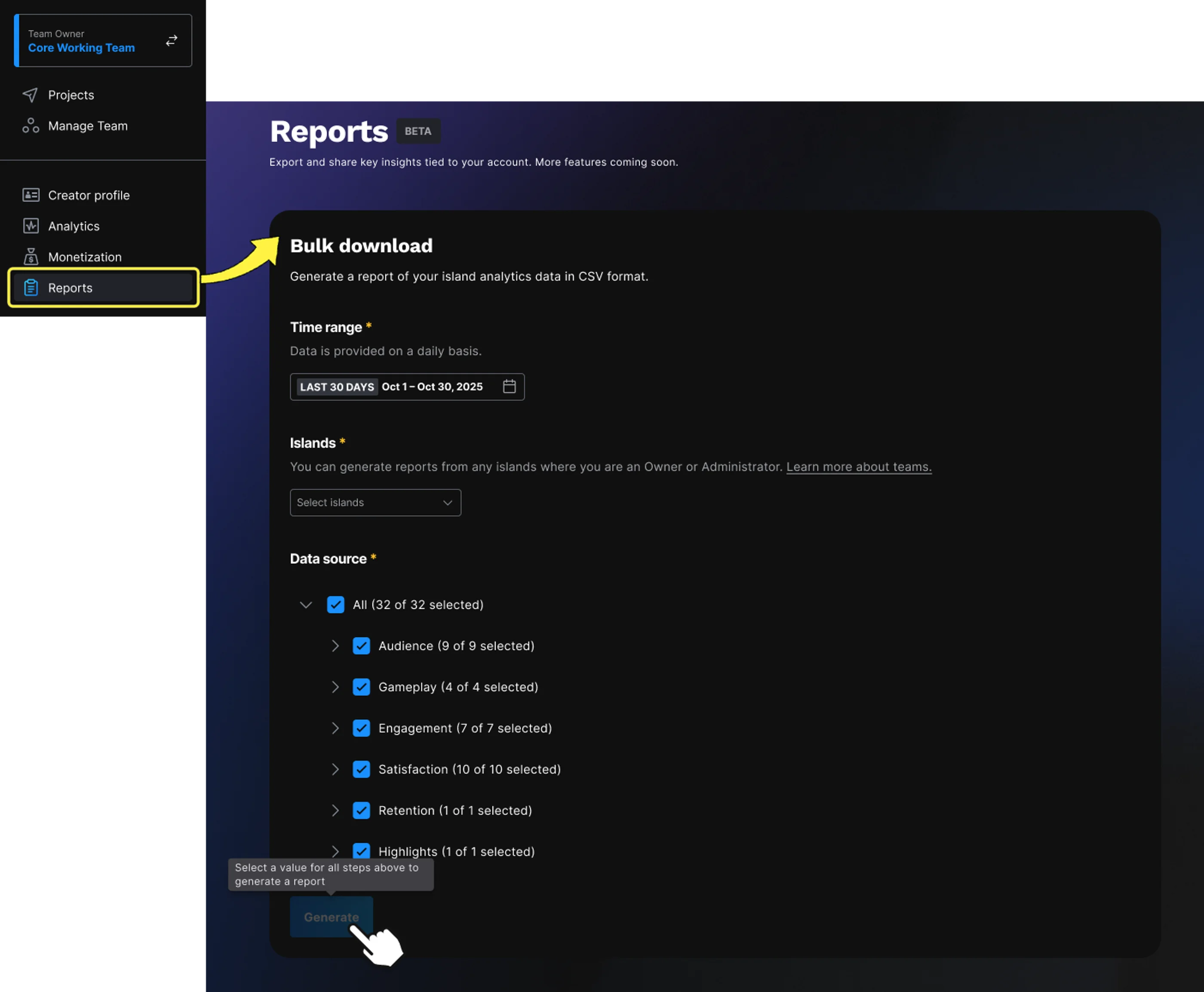 An example of opening the Reports screen from the project navigation menu.