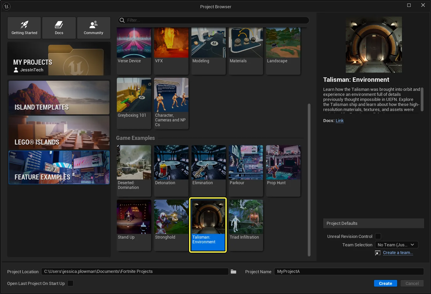 Talisman: Environment in the Project Browser