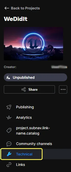 Select Technical from the project navigation menu.