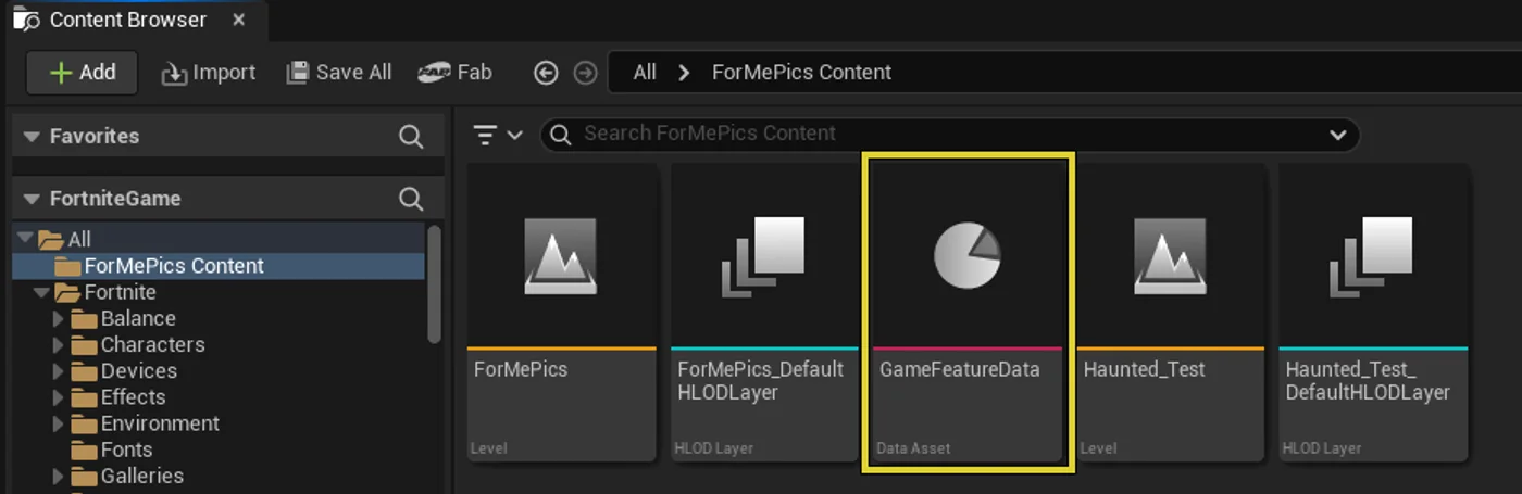 Double clicking on the Game Feature Data thumbnail opens the Game Feature Data options.