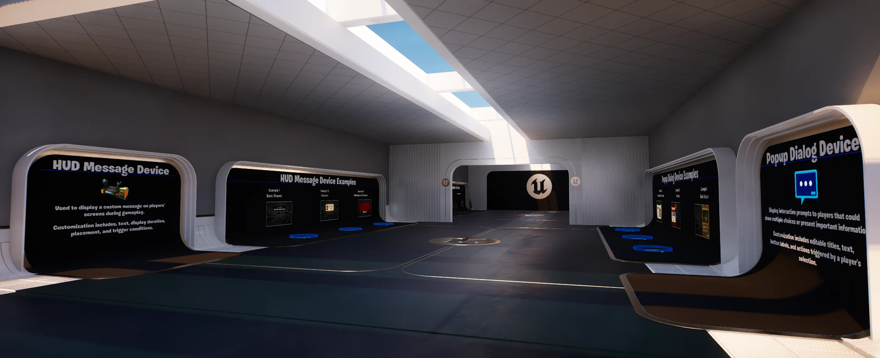 Room 1 focuses on the HUD Message device and the Pop-Up Dialog device.