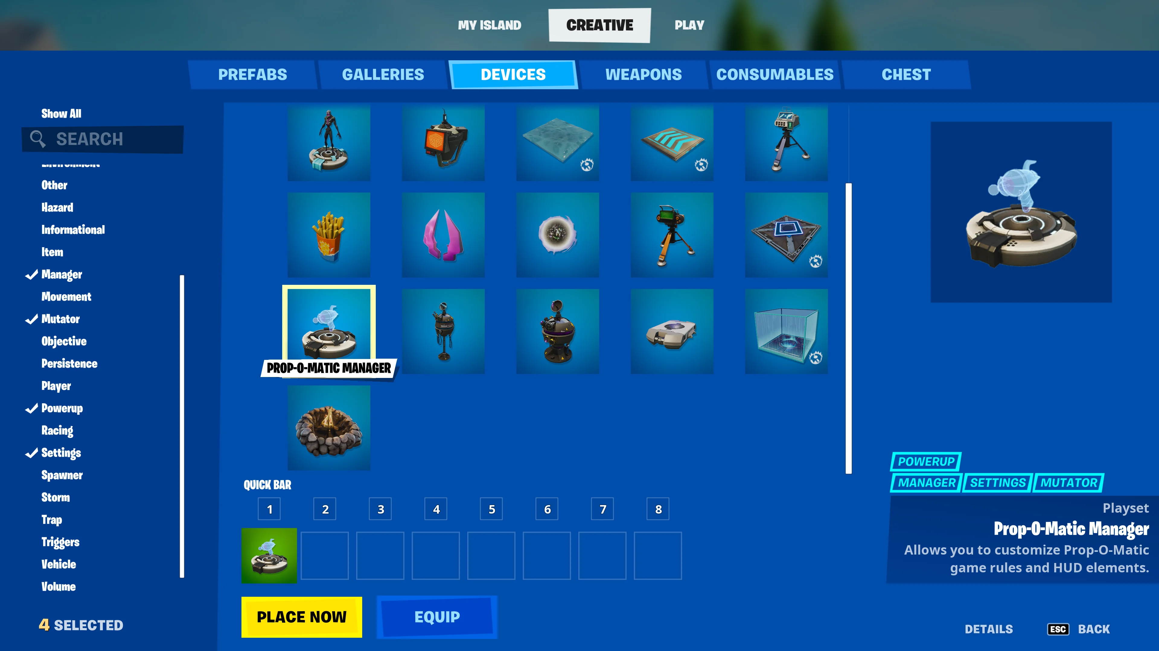 The Prop-O-Matic Manager device in the Creative Inventory
