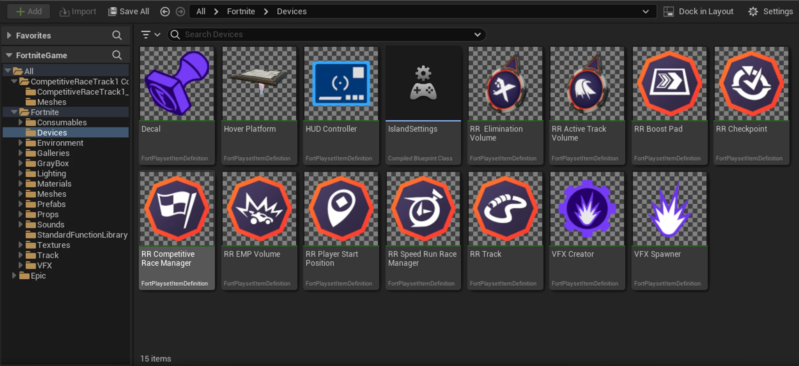 Rocket Racing Devices in the Content Browser