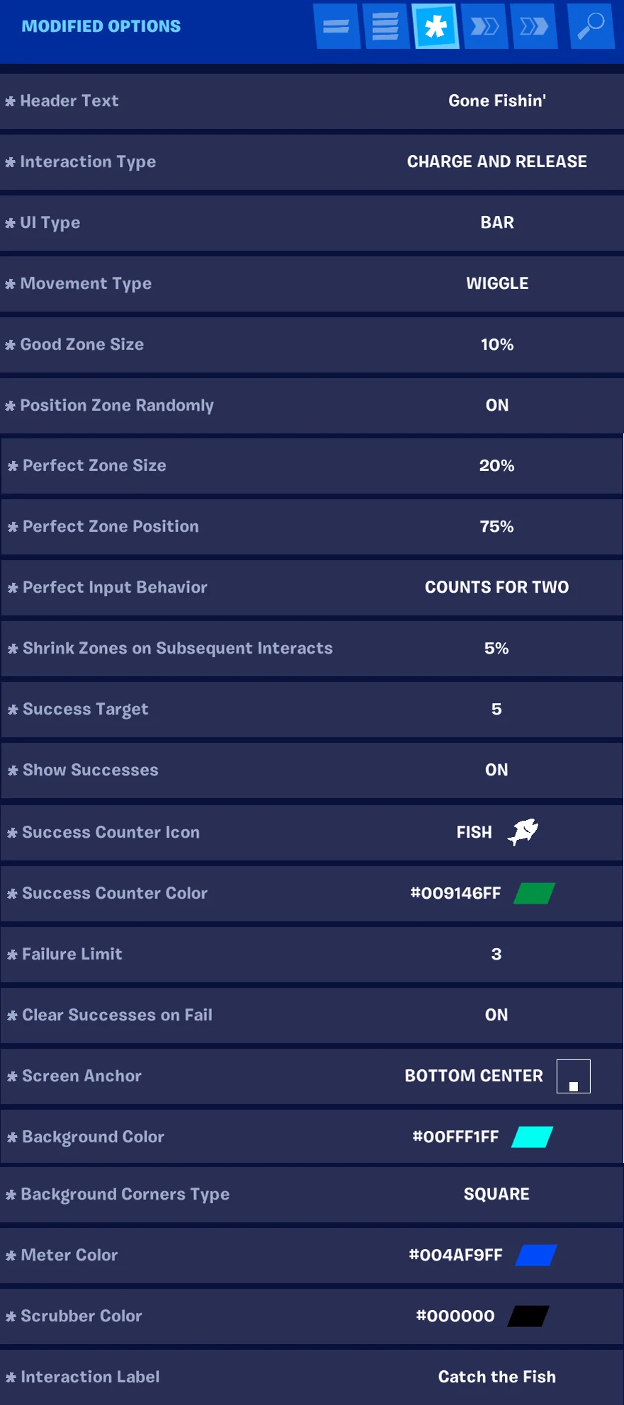 Image of customized settings for creating a fishing skill minigame with the Skilled Interaction Device.