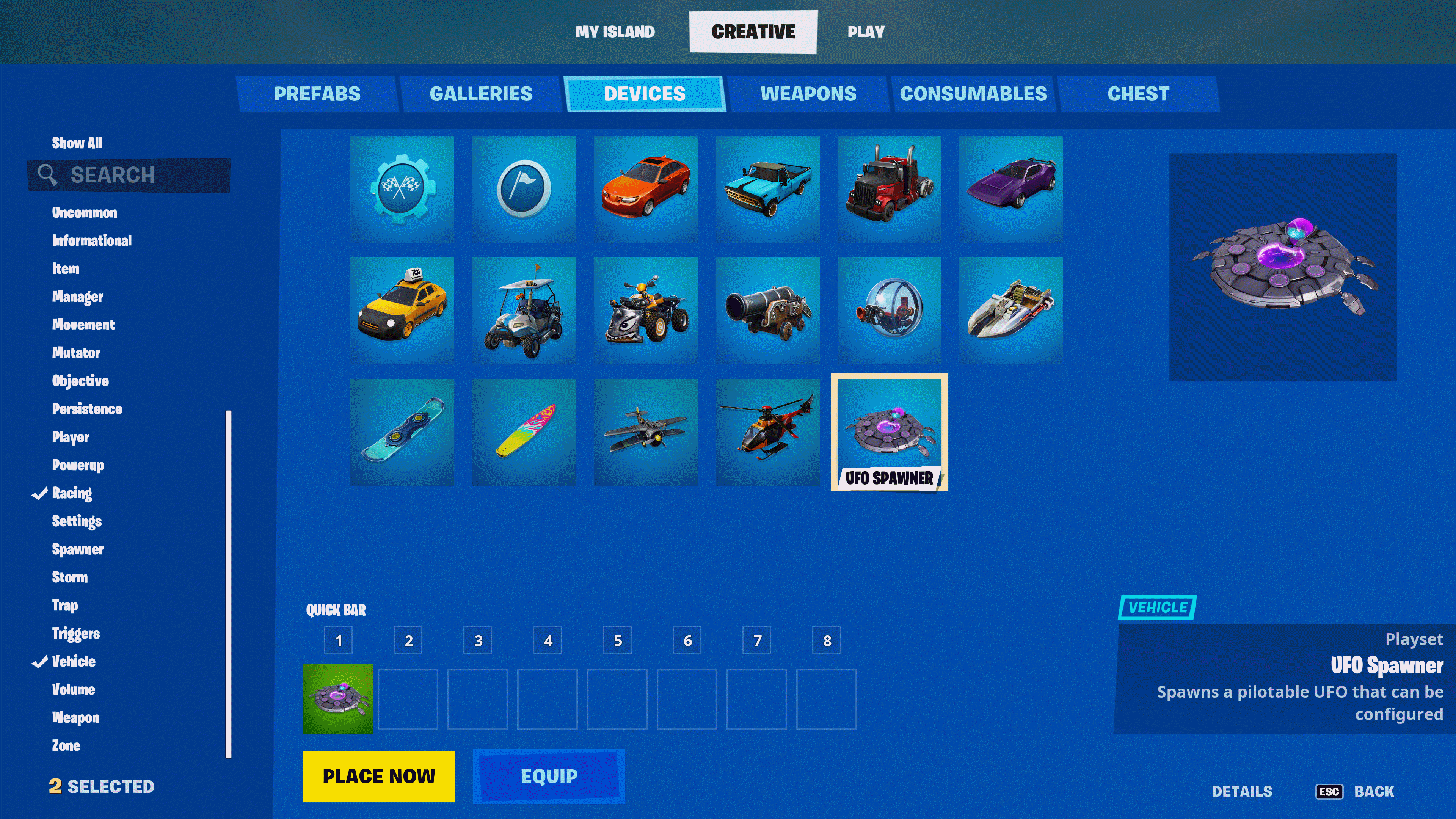 The UFO Spawner device in the Creative inventory