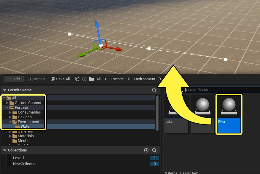 Drag the River tool from the Content Browser into the Viewport
