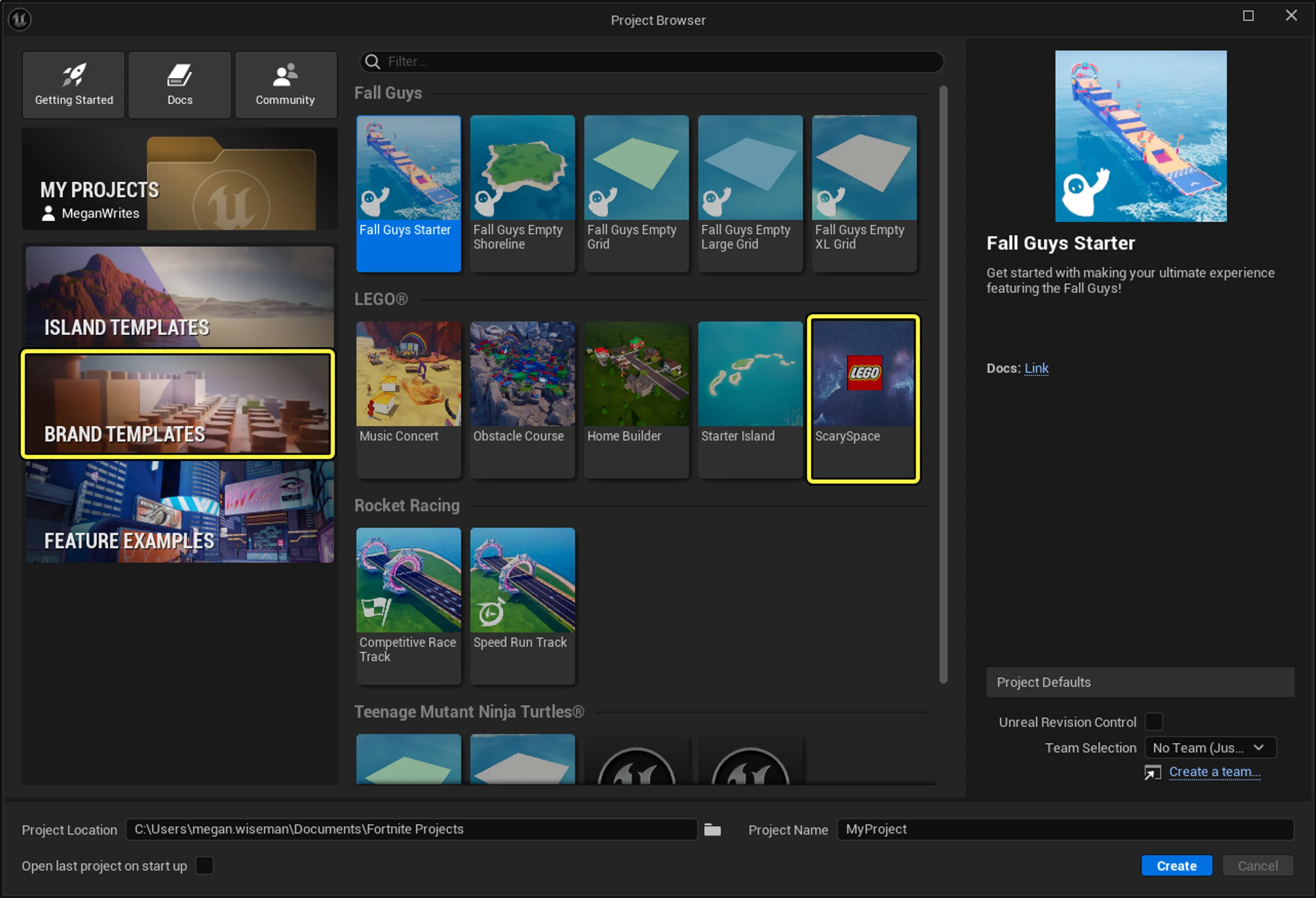 Select the Scary Space project template