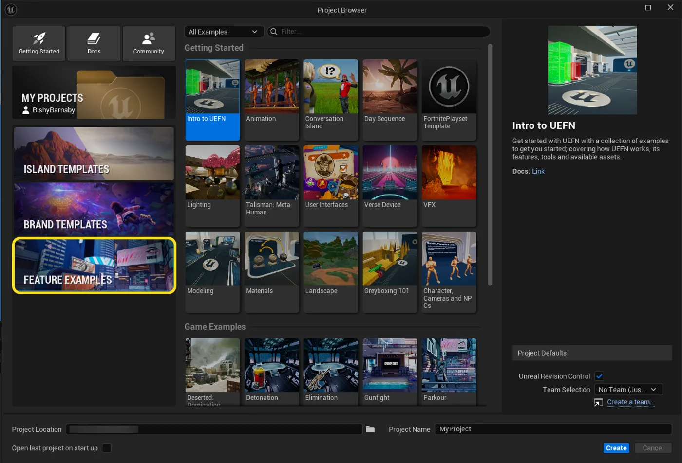 Select Feature Examples in Unreal Editor for Fortnite