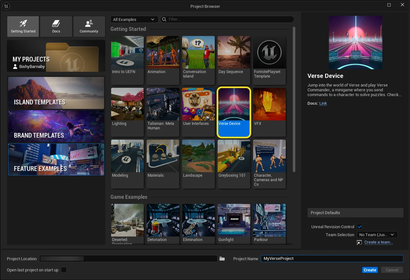 Select Verse Device Template in Unreal Editor for Fortnite