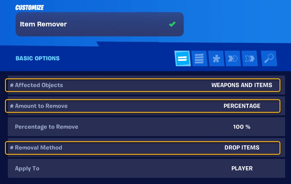 Settings for Item Remover