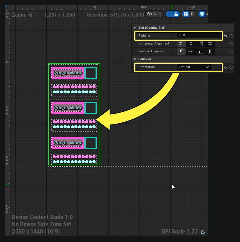 The Stack Box is a container that arranges the single player widget copies in a linear way, either left-to-right or top-to-bottom.