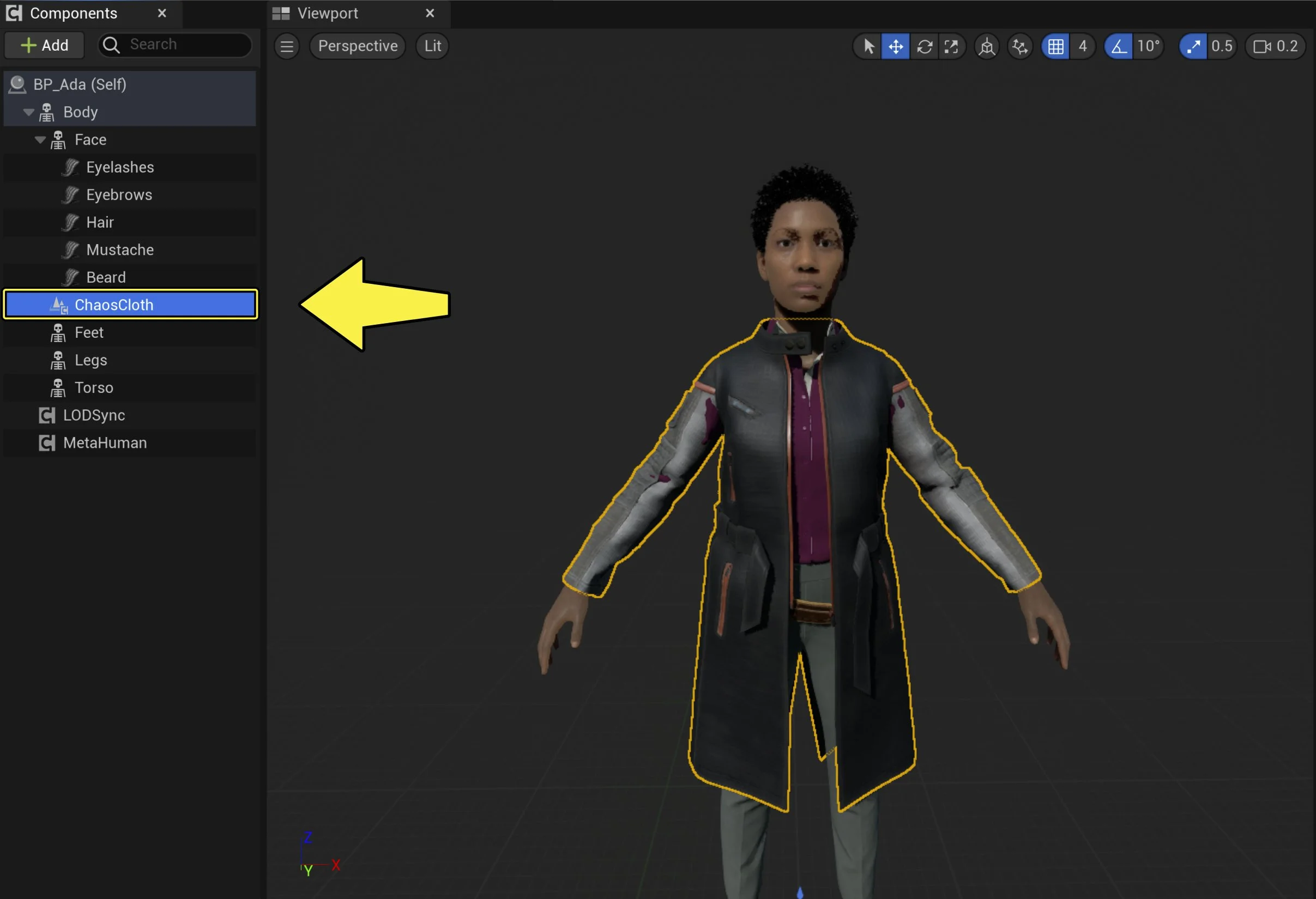 Open your MetaHuman Blueprint and select the ChaosCloth component