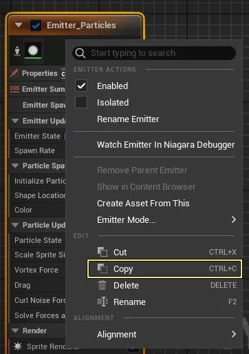 On the emitter graph, right-click and select Copy from the context menu.