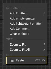 Click next to the first emitter stack in the empty graph area and right-click to open the context menu and select Paste.