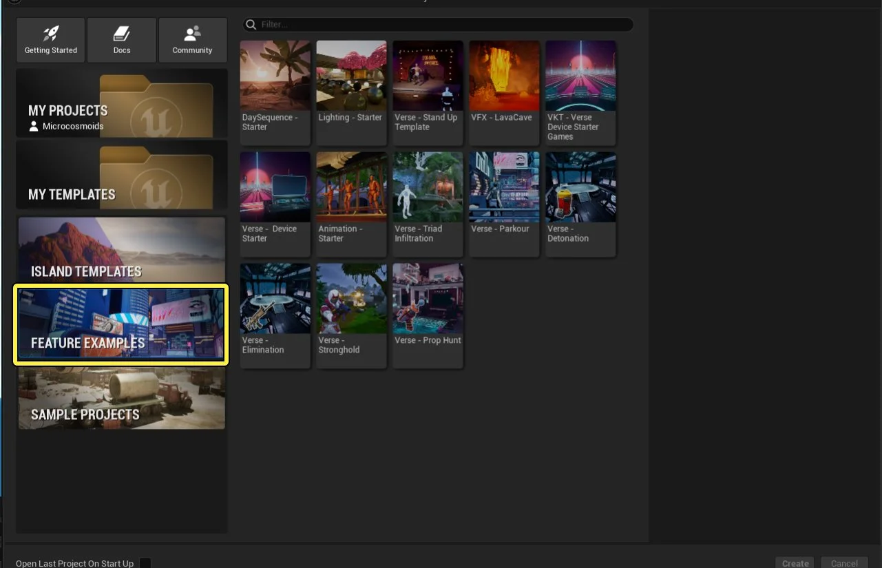 Select Feature Examples in Unreal Editor for Fortnite