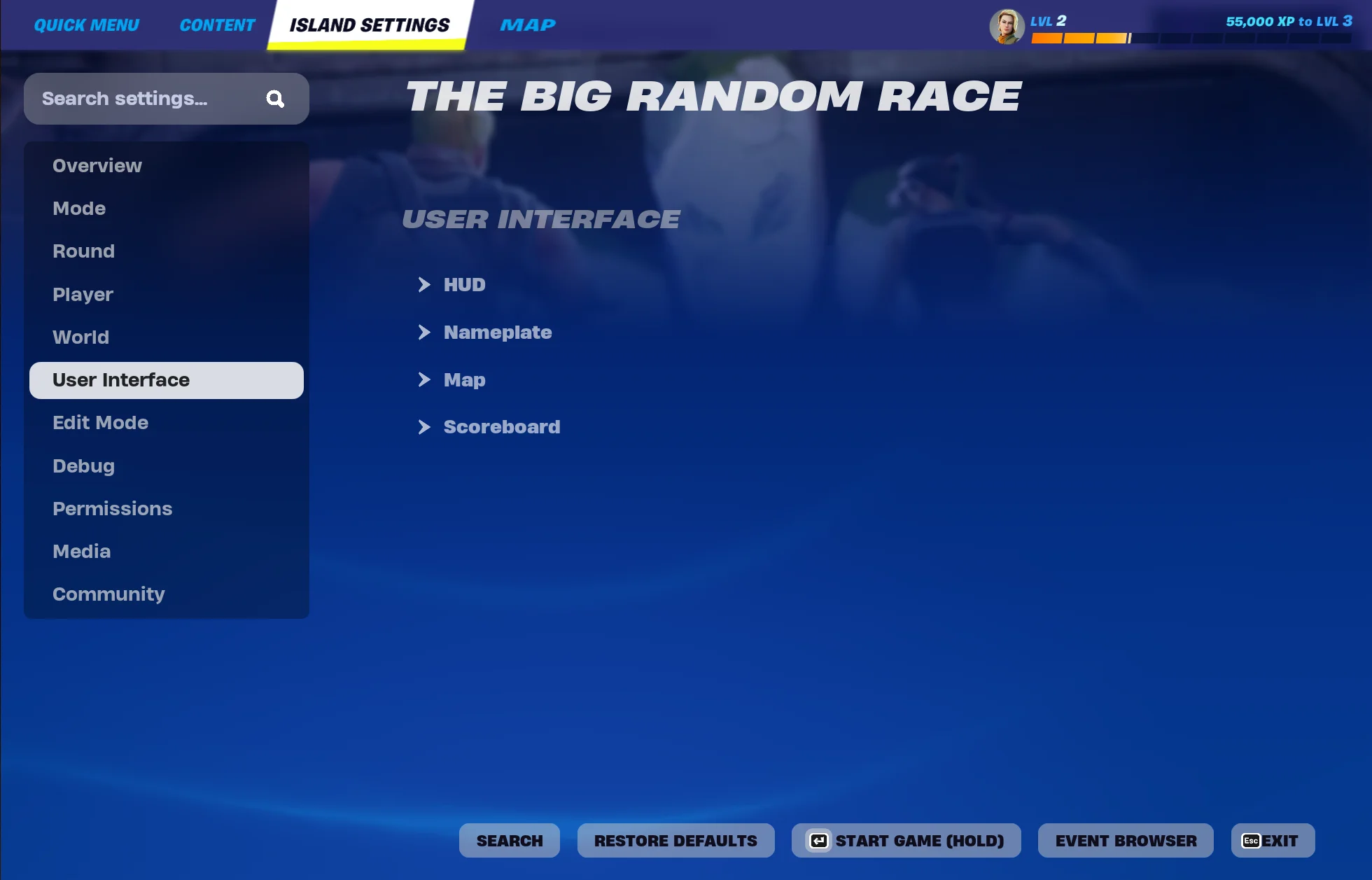 User Interface is a category under the Island Settings tab.